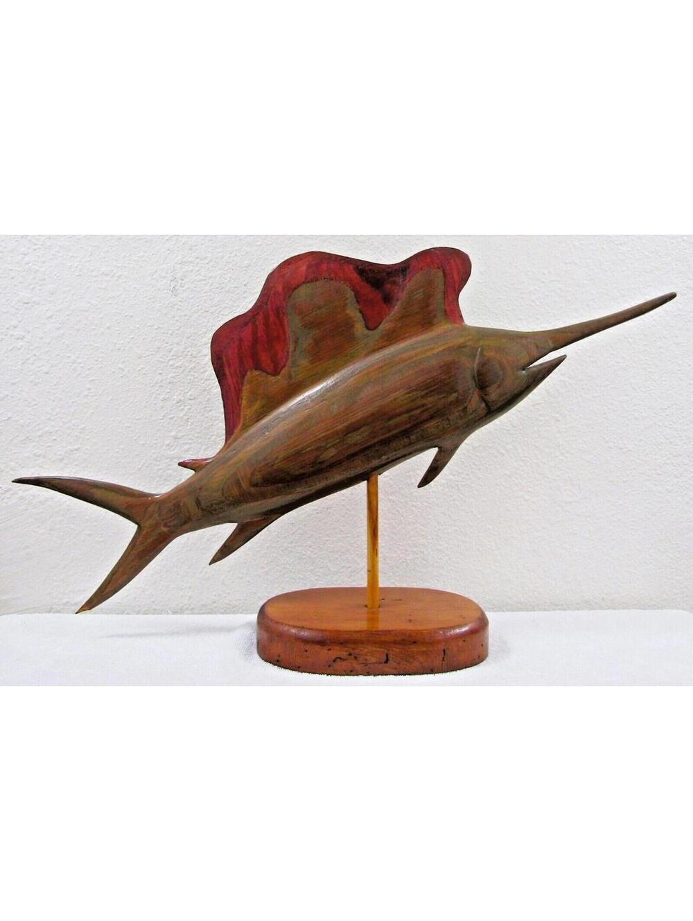Vintage Carved Silk Oak Wood Sailfish Swordfish Sculpture Signed on Cypress Base